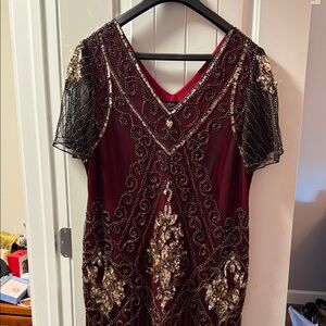 Elegant Flapper Burgundy Beaded Dress